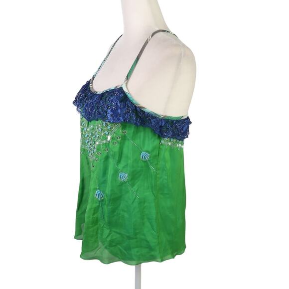 Vintage Y2K Free People Green Silk Turquoise Beaded Tank Top 2 - Picture 4 of 10